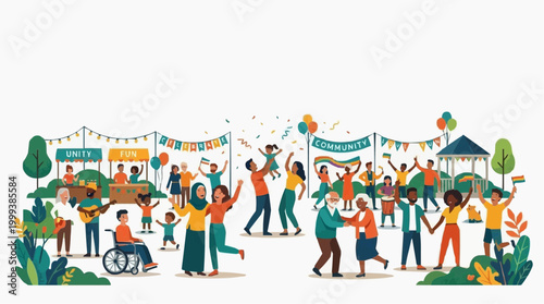 A vibrant illustration of a community festival celebrating diversity, inclusion, and joy, capturing a heartwarming scene of togetherness.