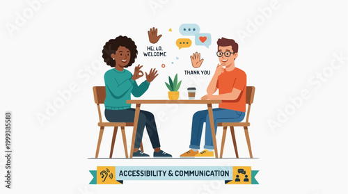 Two individuals engage in a meaningful dialogue at a table, employing sign language and verbal cues to bridge communication gaps in an inclusive and accessible setting.