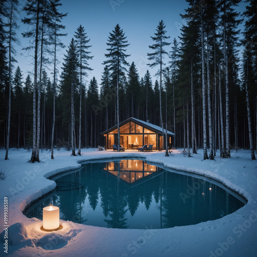 Ice pool in a Nordic spa setting beside a birch forest