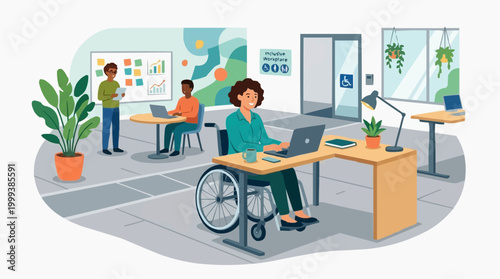 An inclusive office setting with a woman in a wheelchair, illustrating workplace accessibility, and an environment of diverse employees focused on their tasks.
