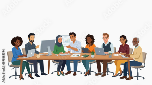 A collaborative team engages in a productive meeting, fostering an atmosphere of creativity and progress, using a clean graphic style.