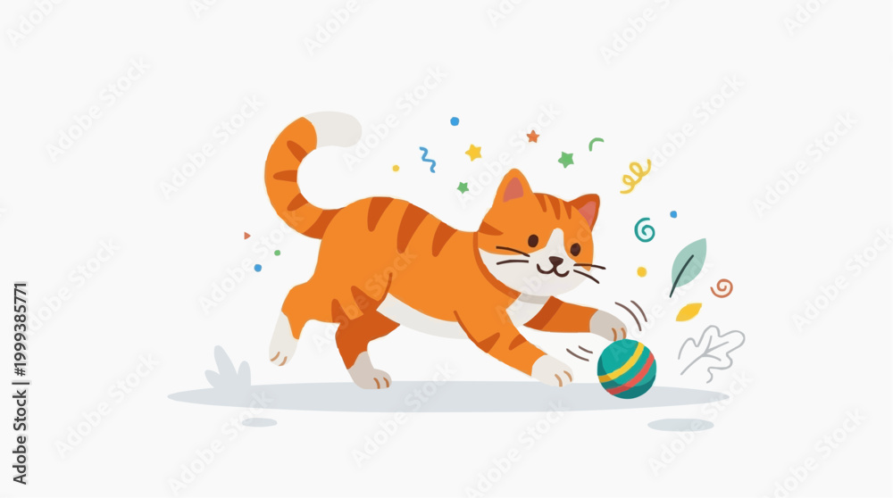 Fototapeta premium A playful cartoon cat energetically chases a colorful ball in a whimsical scene, conveying pure joy and playful spirit.