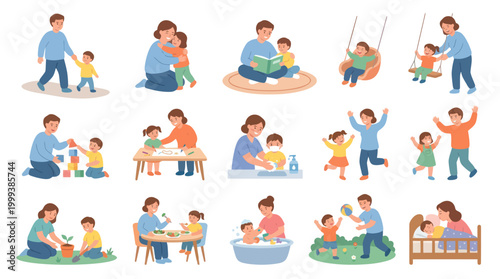Happy Family Moments Flat Vector Illustrations: Parents and Children Playing  Learning