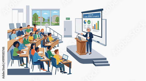 Students attentively listen during a lecture, observing the presenter. The image captures the essence of a modern classroom, emphasizing knowledge and learning.