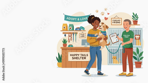 Embrace compassion in a cozy animal shelter, where a future owner bonds with a furry companion and a volunteer assists, all while conveying the heartfelt message of adoption and the love that awaits.