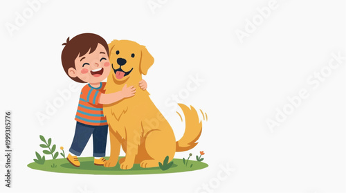 A joyful embrace captures the deep bond between a young child and his loyal dog, set against a backdrop of a friendly environment. The image is a whimsical illustration of companionship and affection.