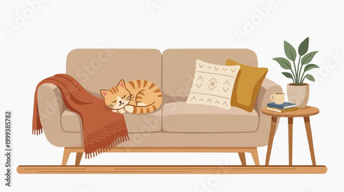 A cozy, sunlit domestic scene features a relaxed cat napping on a comfortable sofa, adorned with warm blankets and pillows, complete with a potted plant.