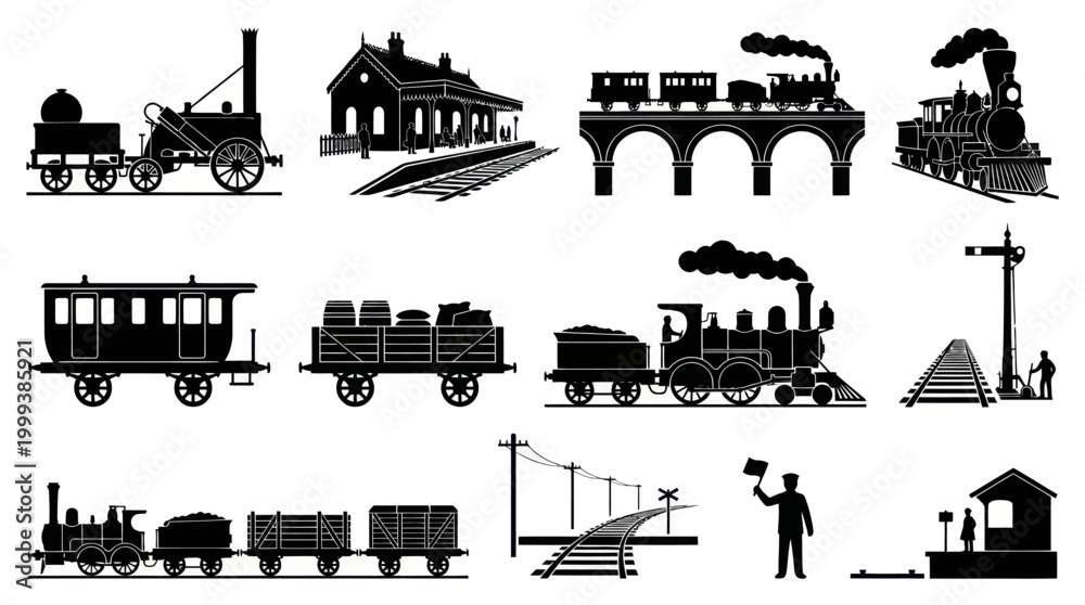 Obraz premium Vintage Railway Transportation Silhouettes: Trains, Stations Tracks Vector Icons Set