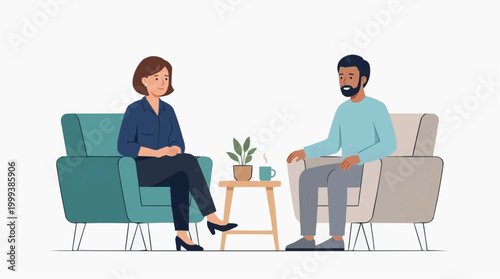 Two individuals engaged in a therapeutic session, a beacon of guidance for personal growth. The setting fosters a space of understanding, designed to unlock insights and promote healing.