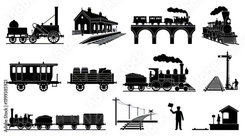 Vintage Railway Transportation Silhouettes: Trains, Stations  Tracks Vector Icons Set