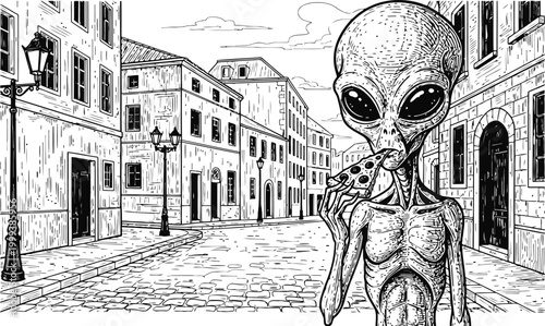 Alien creature enjoying a slice of pizza in a European city street during the day with a sketchy illustration style
