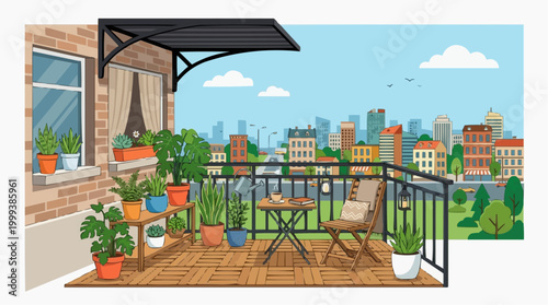 A charming balcony garden offers a serene urban escape, adorned with potted plants, a cozy seating area, and a captivating cityscape backdrop, embodying a blend of nature and city life.