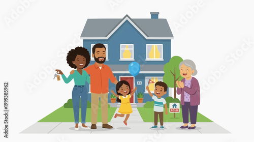 A joyous moment: A family celebrates the acquisition of their new home, exuding the promise of a bright future and familial warmth.