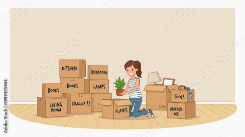 A woman unpacks her belongings amidst stacked boxes in her new house, plant in hand. the scene conveys transition and new beginnings. 