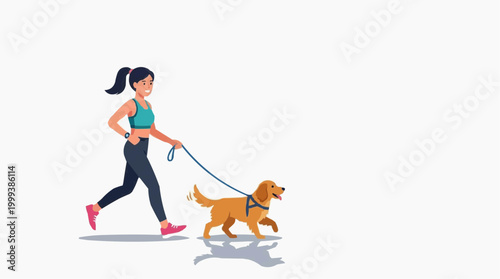 A woman and her dog enjoying a jog, illustration of lifestyle. Focus on connection and joy.  