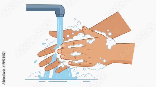 Close-up illustration of hands being thoroughly washed with soap, showcasing the importance of hygiene and cleanliness to prevent diseases. 