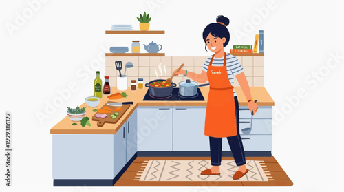 A cheerful home cook is joyfully preparing a hearty meal, stirring a pot of deliciousness on the stove while basking in the warmth and inviting aroma of the kitchen.