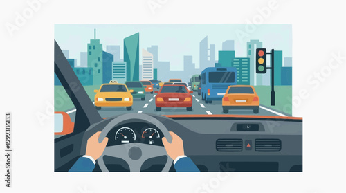A perspective capturing a person's hands holding a steering wheel, commanding control of a car navigating a bustling city, representing the essence of urban commuting.