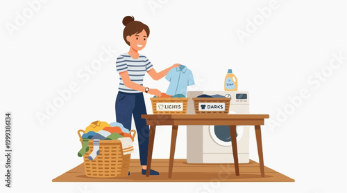 A woman sorts clothes beside a washing machine.