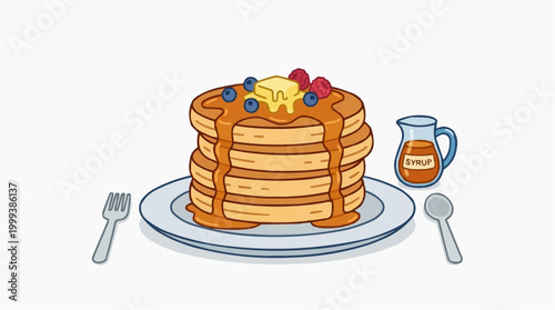 A stack of fluffy pancakes, drizzled with sweet maple syrup, topped with fresh berries and a pat of butter, alongside a spoon and fork, create an inviting culinary scene.