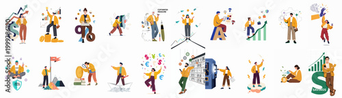Comprehensive collection of modern flat illustrations depicting financial growth, investment, technology, data analysis, and business success concepts featuring diverse characters.