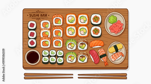 A meticulously arranged assortment of sushi on a wooden plate, offering a vibrant display of flavors and textures, perfect for culinary enthusiasts.