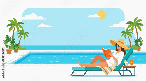 A woman leisurely enjoys a book by the poolside, soaking up the sun and serenity of a tropical vacation.
