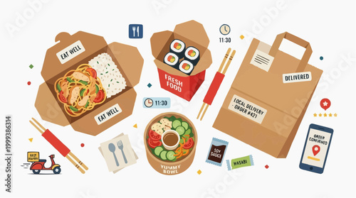 A detailed illustration depicts an array of takeaway meals, with meticulously arranged food items, delivery service elements, and a mobile phone suggesting seamless food ordering.