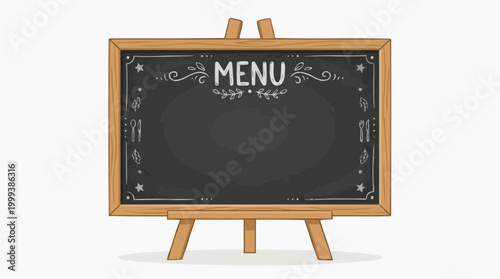 An inviting chalkboard menu sign, elegantly displayed on a wooden easel, beckons customers. This charming sign, complete with decorative elements, invites the viewer to discover culinary delights.