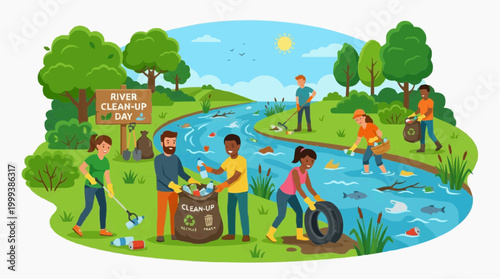 Community members come together to clean the river and care for the Environment, focusing on sustainability.