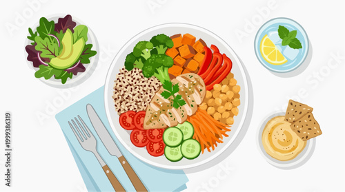 A visually appealing and vibrant healthy bowl meal on a clean, light surface, showcasing a colourful array of fresh, wholesome ingredients arranged invitingly.