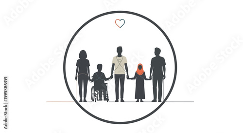 Diversity and inclusion in workplace vector illustration with connected silhouettes