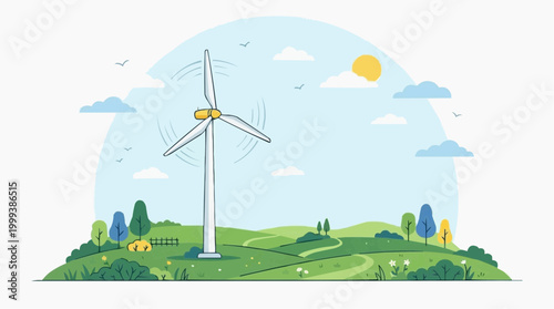 A vibrant illustration depicts a serene landscape. A towering wind turbine stands amidst rolling green hills, a symbol of sustainable power generation under a bright sun and fluffy clouds.