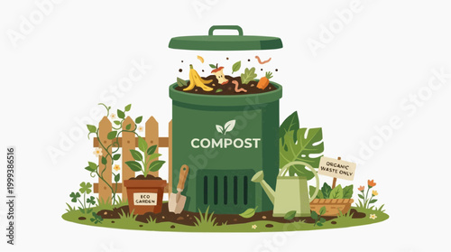 An illustrative depiction of an outdoor composting bin, with organic materials decomposing within, emphasizing eco-friendliness and sustainability. 