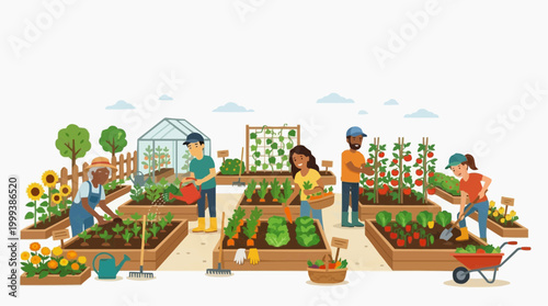 A vibrant community garden, bursting with life, people tending to their plots with a collaborative spirit. The scene captures the beauty of sustainable living, the joy of connecting with nature.