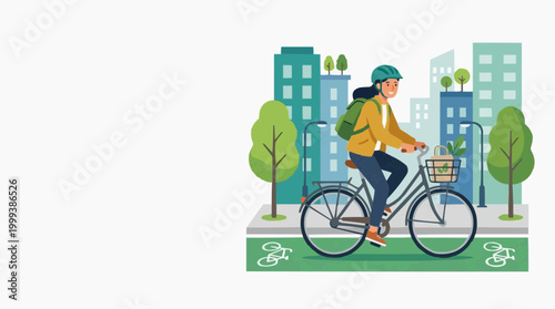 A cyclist effortlessly glides down a dedicated bike path, amid urban buildings and vibrant trees. A depiction of sustainable commuting and eco-friendly urban living.