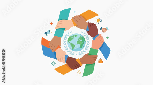 A collaborative artwork depicting hands of diverse people united, forming a supportive symbol around a world map.