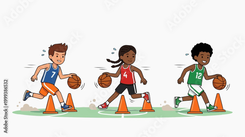 Kids dribbling a basketball on a basketball court with a sporty theme. Capturing the energetic movement and joy of youth sports. 