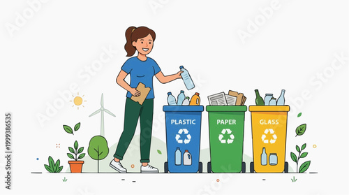 A person carefully sorts materials into recycling bins, demonstrating environmentally conscious habits and promoting sustainability in a simple, yet engaging illustration.