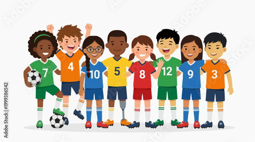 A group of children, wearing vibrant jerseys with the numbers, standing together with a soccer ball, symbolizing the unity.