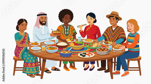 A global culinary gathering, illustrating diverse cultures and cuisines sharing a communal dining experience around a wooden table.