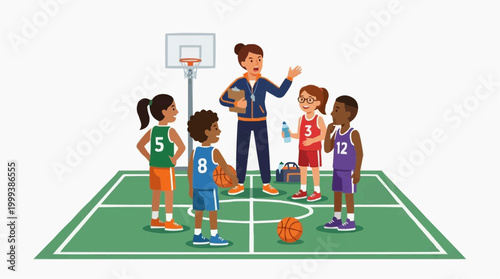A basketball coach and youth team discuss tactics on the court, ready to make a basket. A motivational image to inspire.