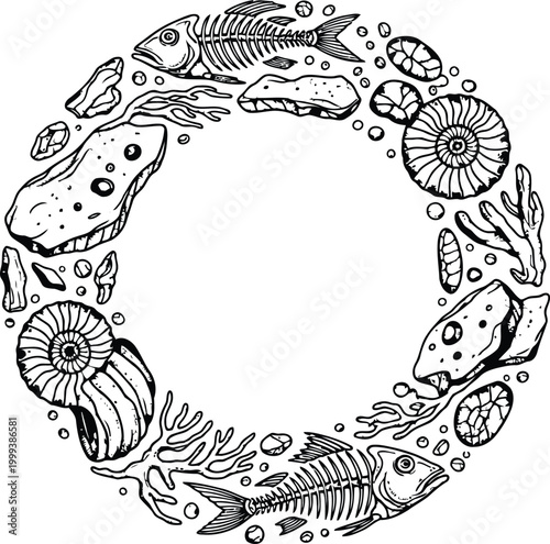 Circular arrangement of ancient fossils and prehistoric marine life skeletons in a sketched scientific illustration style