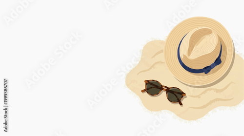 A sun hat and sunglasses lie on the sand, hinting at a day of relaxation and leisure by the sea. A top-down view captures the essence of summer enjoyment.