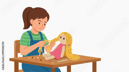 A young girl engrossed in the simple pleasure of styling her doll's hair, a heartwarming scene of childhood and creative play.