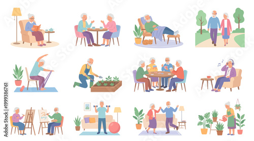 Senior Lifestyle Flat Vector Illustrations: Happy Elderly People Engaged in Various Activities