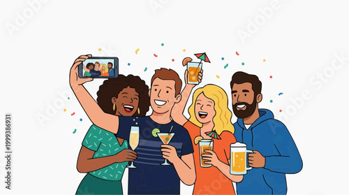 A group of friends celebrates a special event, enjoying a variety of beverages and a selfie as a timeless memory. 