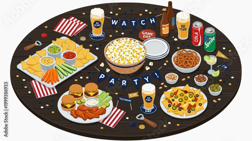 A festive illustration of a party spread, with beer, snack, nachos and many other party food ready on the table, inviting viewers to share in the lively atmosphere of the party.