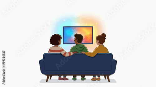 Three individuals engrossed in the experience on a television in a cozy setting, symbolizing leisure and shared moments.