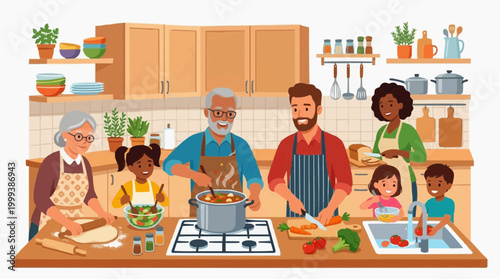 A heartwarming scene unfolds in a cozy kitchen, as a multi-generational family joyfully prepares a delicious meal together, representing the value of family and togetherness.